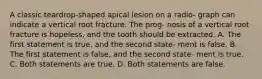 A classic teardrop-shaped apical lesion on a radio- graph can indicate a vertical root fracture. The prog- nosis of a vertical root fracture is hopeless, and the tooth should be extracted. A. The first statement is true, and the second state- ment is false. B. The first statement is false, and the second state- ment is true. C. Both statements are true. D. Both statements are false.