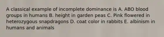 A classical example of incomplete dominance is A. ABO <a href='https://www.questionai.com/knowledge/kYZPOX2Y3u-blood-groups' class='anchor-knowledge'>blood groups</a> in humans B. height in garden peas C. Pink flowered in heterozygous snapdragons D. coat color in rabbits E. albinism in humans and animals