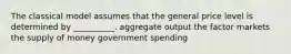 The classical model assumes that the general price level is determined by __________. aggregate output the factor markets the supply of money government spending