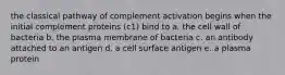 the classical pathway of complement activation begins when the initial complement proteins (c1) bind to a. the cell wall of bacteria b. the plasma membrane of bacteria c. an antibody attached to an antigen d. a cell surface antigen e. a plasma protein