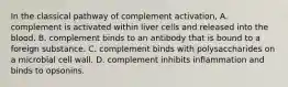 In the classical pathway of complement activation, A. complement is activated within liver cells and released into the blood. B. complement binds to an antibody that is bound to a foreign substance. C. complement binds with polysaccharides on a microbial cell wall. D. complement inhibits inflammation and binds to opsonins.