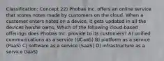 Classification: Concept 22) Phobas Inc. offers an online service that stores notes made by customers on the cloud. When a customer enters notes on a device, it gets updated in all the devices he/she owns. Which of the following cloud-based offerings does Phobas Inc. provide to its customers? A) unified communications as a service (UCaaS) B) platform as a service (PaaS) C) software as a service (SaaS) D) infrastructure as a service (IaaS)