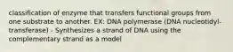 classification of enzyme that transfers functional groups from one substrate to another. EX: DNA polymerase (DNA nucleotidyl-transferase) - Synthesizes a strand of DNA using the complementary strand as a model