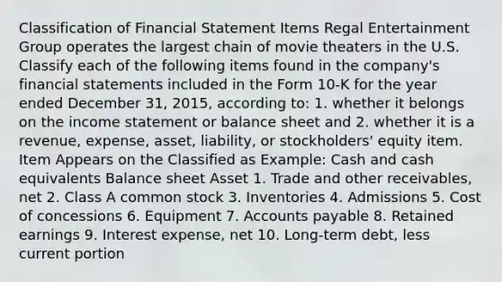 Classification of Financial Statement Items Regal Entertainment Group operates the largest chain of movie theaters in the U.S. Classify each of the following items found in the company's financial statements included in the Form 10-K for the year ended December 31, 2015, according to: 1. whether it belongs on the income statement or balance sheet and 2. whether it is a revenue, expense, asset, liability, or stockholders' equity item. Item Appears on the Classified as Example: Cash and cash equivalents Balance sheet Asset 1. Trade and other receivables, net 2. Class A common stock 3. Inventories 4. Admissions 5. Cost of concessions 6. Equipment 7. Accounts payable 8. Retained earnings 9. Interest expense, net 10. Long-term debt, less current portion