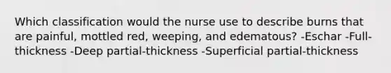 Which classification would the nurse use to describe burns that are painful, mottled red, weeping, and edematous? -Eschar -Full-thickness -Deep partial-thickness -Superficial partial-thickness