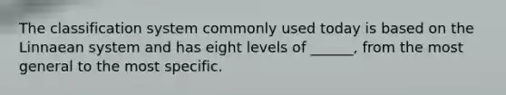 The classification system commonly used today is based on the Linnaean system and has eight levels of ______, from the most general to the most specific.