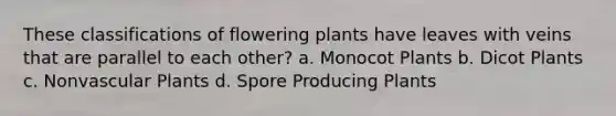 These classifications of flowering plants have leaves with veins that are parallel to each other? a. Monocot Plants b. Dicot Plants c. Nonvascular Plants d. Spore Producing Plants