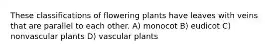 These classifications of flowering plants have leaves with veins that are parallel to each other. A) monocot B) eudicot C) nonvascular plants D) vascular plants