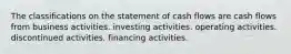 The classifications on the statement of cash flows are cash flows from business activities. investing activities. operating activities. discontinued activities. financing activities.