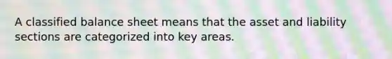 A classified balance sheet means that the asset and liability sections are categorized into key areas.