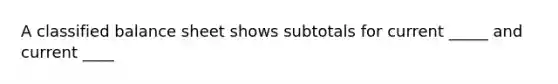 A classified balance sheet shows subtotals for current _____ and current ____