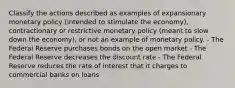 Classify the actions described as examples of expansionary monetary policy (intended to stimulate the economy), contractionary or restrictive monetary policy (meant to slow down the economy), or not an example of monetary policy. - The Federal Reserve purchases bonds on the open market - The Federal Reserve decreases the discount rate - The Federal Reserve reduces the rate of interest that it charges to commercial banks on loans