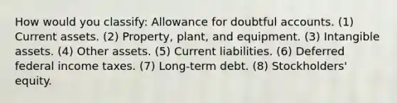 How would you classify: Allowance for doubtful accounts. (1) Current assets. (2) Property, plant, and equipment. (3) <a href='https://www.questionai.com/knowledge/kfaeAOzavC-intangible-assets' class='anchor-knowledge'>intangible assets</a>. (4) Other assets. (5) Current liabilities. (6) Deferred federal income taxes. (7) Long-term debt. (8) Stockholders' equity.