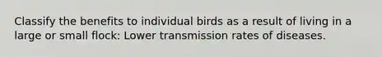 Classify the benefits to individual birds as a result of living in a large or small flock: Lower transmission rates of diseases.