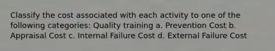 Classify the cost associated with each activity to one of the following categories: Quality training a. Prevention Cost b. Appraisal Cost c. Internal Failure Cost d. External Failure Cost