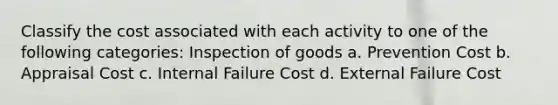 Classify the cost associated with each activity to one of the following categories: Inspection of goods a. Prevention Cost b. Appraisal Cost c. Internal Failure Cost d. External Failure Cost