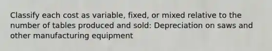 Classify each cost as​ variable, fixed, or mixed relative to the number of tables produced and sold: Depreciation on saws and other manufacturing equipment