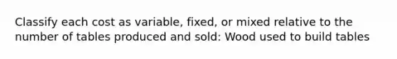 Classify each cost as​ variable, fixed, or mixed relative to the number of tables produced and sold: Wood used to build tables