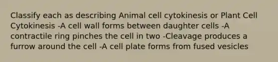 Classify each as describing Animal cell cytokinesis or Plant Cell Cytokinesis -A cell wall forms between daughter cells -A contractile ring pinches the cell in two -Cleavage produces a furrow around the cell -A cell plate forms from fused vesicles