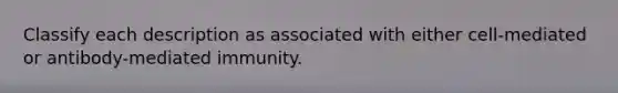 Classify each description as associated with either cell-mediated or antibody-mediated immunity.