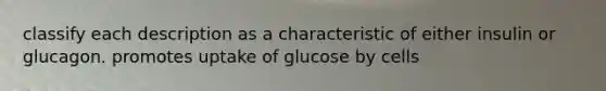 classify each description as a characteristic of either insulin or glucagon. promotes uptake of glucose by cells