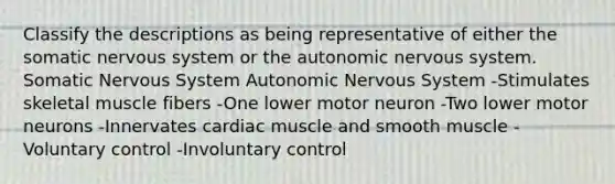 Classify the descriptions as being representative of either the somatic nervous system or the autonomic nervous system. Somatic Nervous System Autonomic Nervous System -Stimulates skeletal muscle fibers -One lower motor neuron -Two lower motor neurons -Innervates cardiac muscle and smooth muscle -Voluntary control -Involuntary control