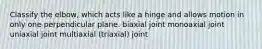 Classify the elbow, which acts like a hinge and allows motion in only one perpendicular plane. biaxial joint monoaxial joint uniaxial joint multiaxial (triaxial) joint