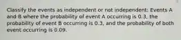 Classify the events as independent or not independent: Events A and B where the probability of event A occurring is 0.3, the probability of event B occurring is 0.3, and the probability of both event occurring is 0.09.