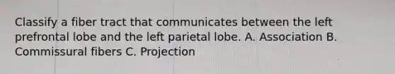 Classify a fiber tract that communicates between the left prefrontal lobe and the left parietal lobe. A. Association B. Commissural fibers C. Projection