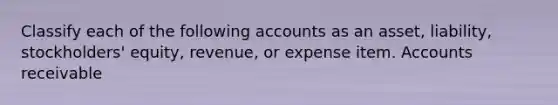 Classify each of the following accounts as an asset, liability, stockholders' equity, revenue, or expense item. Accounts receivable