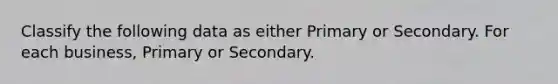 Classify the following data as either Primary or Secondary. For each business, Primary or Secondary.