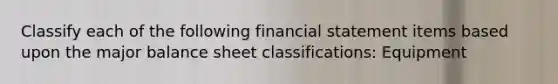 Classify each of the following financial statement items based upon the major balance sheet classifications: Equipment