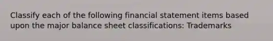 Classify each of the following financial statement items based upon the major balance sheet classifications: Trademarks