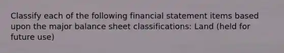 Classify each of the following financial statement items based upon the major balance sheet classifications: Land (held for future use)