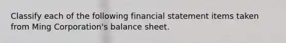 Classify each of the following financial statement items taken from Ming Corporation's balance sheet.