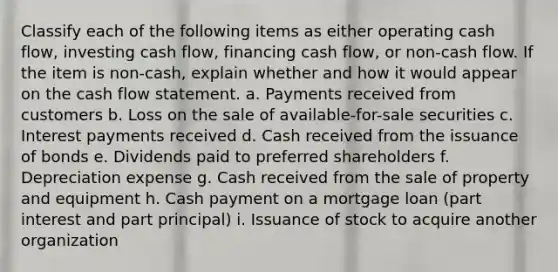 Classify each of the following items as either operating cash flow, investing cash flow, financing cash flow, or non-cash flow. If the item is non-cash, explain whether and how it would appear on the cash flow statement. a. Payments received from customers b. Loss on the sale of available-for-sale securities c. Interest payments received d. Cash received from the issuance of bonds e. Dividends paid to preferred shareholders f. Depreciation expense g. Cash received from the sale of property and equipment h. Cash payment on a mortgage loan (part interest and part principal) i. Issuance of stock to acquire another organization