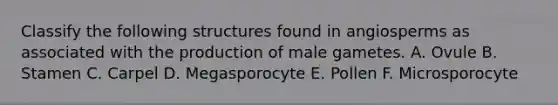 Classify the following structures found in angiosperms as associated with the production of male gametes. A. Ovule B. Stamen C. Carpel D. Megasporocyte E. Pollen F. Microsporocyte