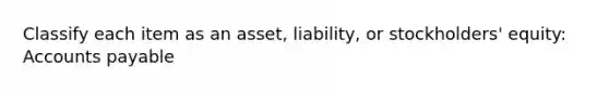 Classify each item as an asset, liability, or stockholders' equity: Accounts payable