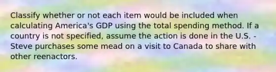 Classify whether or not each item would be included when calculating America's GDP using the total spending method. If a country is not specified, assume the action is done in the U.S. - Steve purchases some mead on a visit to Canada to share with other reenactors.