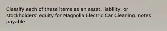 Classify each of these items as an asset, liability, or stockholders' equity for Magnolia Electric Car Cleaning. <a href='https://www.questionai.com/knowledge/kFEYigYd5S-notes-payable' class='anchor-knowledge'>notes payable</a>