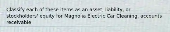 Classify each of these items as an asset, liability, or stockholders' equity for Magnolia Electric Car Cleaning. accounts receivable