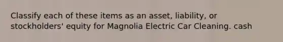 Classify each of these items as an asset, liability, or stockholders' equity for Magnolia Electric Car Cleaning. cash