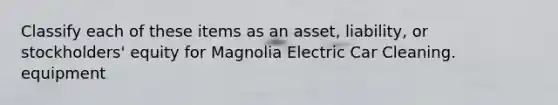 Classify each of these items as an asset, liability, or stockholders' equity for Magnolia Electric Car Cleaning. equipment