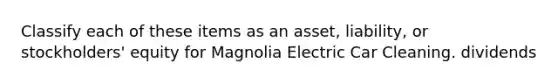 Classify each of these items as an asset, liability, or stockholders' equity for Magnolia Electric Car Cleaning. dividends