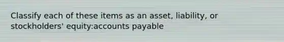 Classify each of these items as an asset, liability, or stockholders' equity:accounts payable