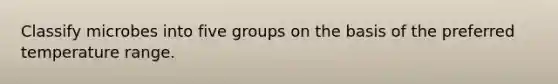 Classify microbes into five groups on the basis of the preferred temperature range.