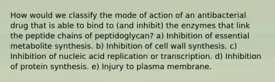 How would we classify the mode of action of an antibacterial drug that is able to bind to (and inhibit) the enzymes that link the peptide chains of peptidoglycan? a) Inhibition of essential metabolite synthesis. b) Inhibition of cell wall synthesis. c) Inhibition of nucleic acid replication or transcription. d) Inhibition of protein synthesis. e) Injury to plasma membrane.