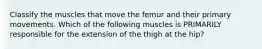Classify the muscles that move the femur and their primary movements. Which of the following muscles is PRIMARILY responsible for the extension of the thigh at the hip?
