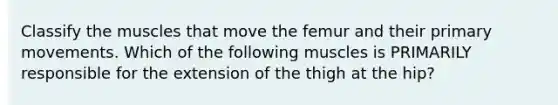 Classify the muscles that move the femur and their primary movements. Which of the following muscles is PRIMARILY responsible for the extension of the thigh at the hip?