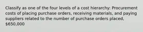 Classify as one of the four levels of a cost hierarchy: Procurement costs of placing purchase orders, receiving materials, and paying suppliers related to the number of purchase orders placed, 650,000